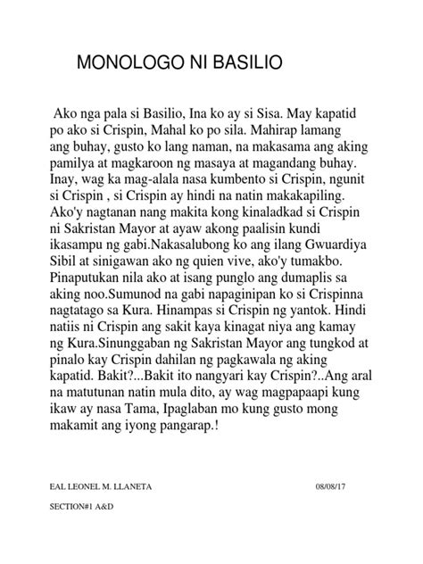 basilio monologue|Monologo ni Basilio sa El Filibusterismo .